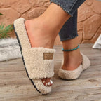 Women's plush fuzzy open toe slippers with non-slip rubber soles, cozy and comfortable indoor shoe by Trendsi.