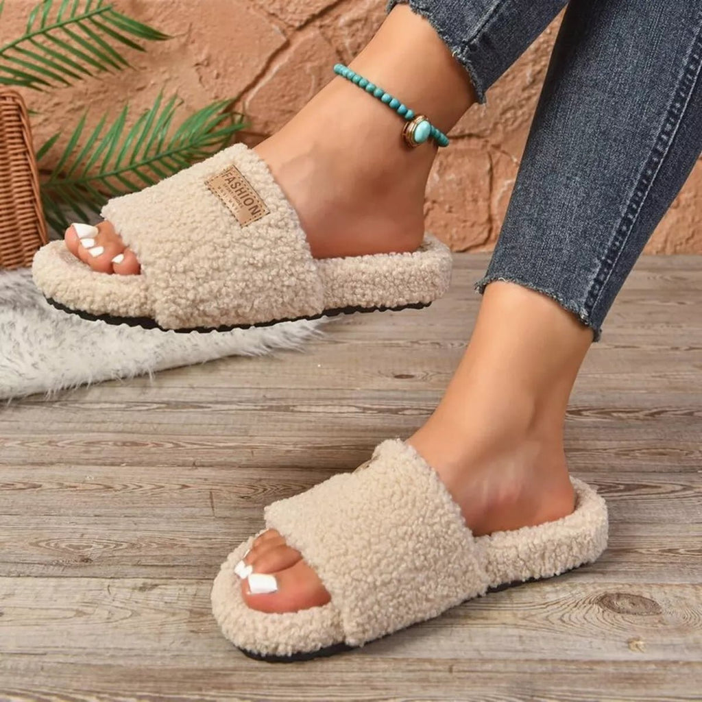Women's plush fuzzy open toe slippers with non-slip rubber sole by Trendsi, featuring cozy, soft material and comfortable open design.