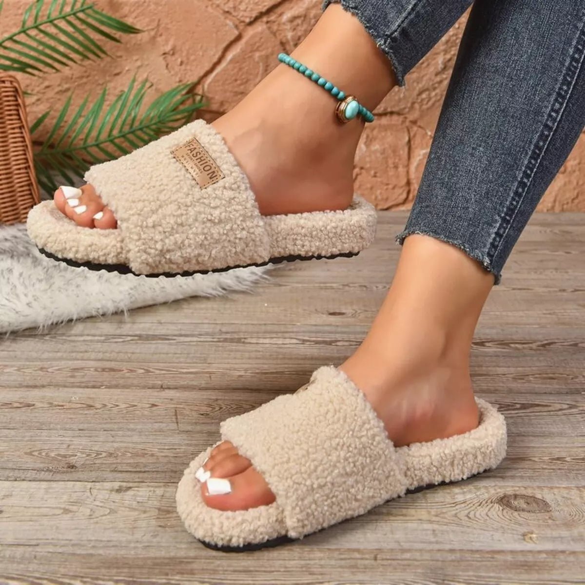 Women's plush fuzzy open toe slippers with non-slip rubber sole by Trendsi, featuring cozy, soft material and comfortable open design.