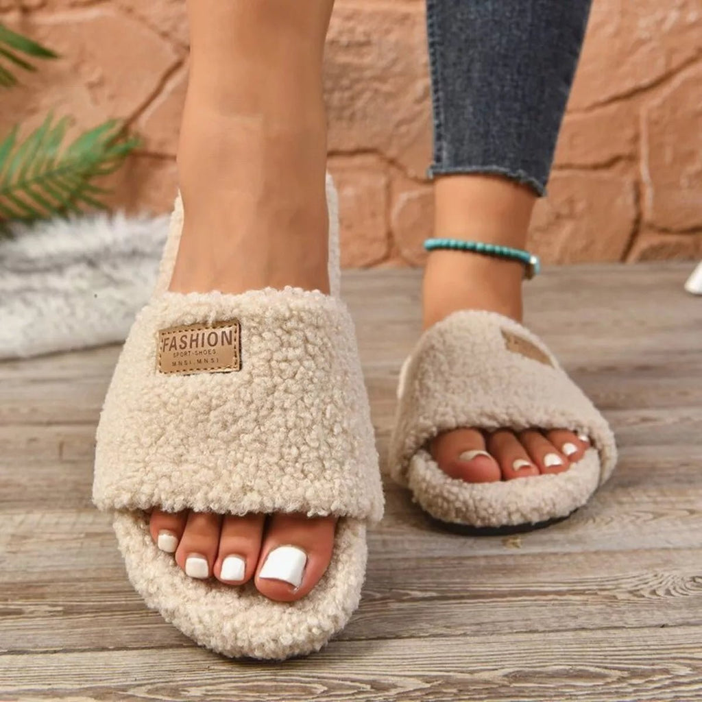 Women's plush fuzzy open toe slippers with non-slip rubber soles, stylish and cozy shoes from Trendsi.