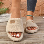 Women's plush fuzzy open toe slippers with non-slip rubber soles, stylish and cozy shoes from Trendsi.