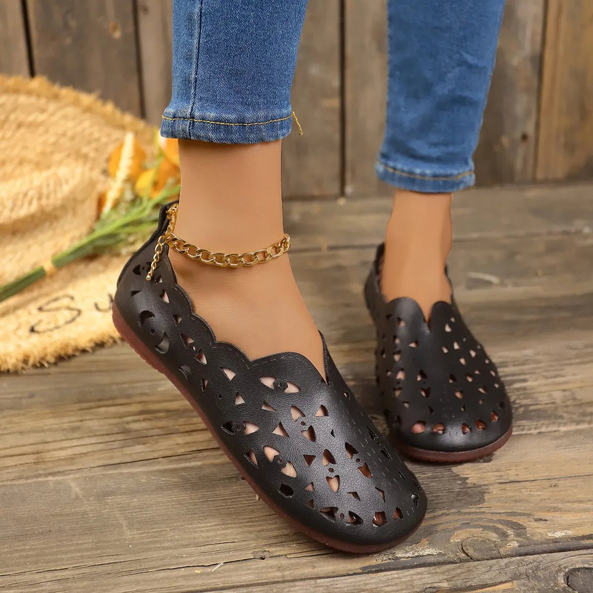 Hollow Out Breathable Casual Flat Slip - Ons - Plush Fashion Hub