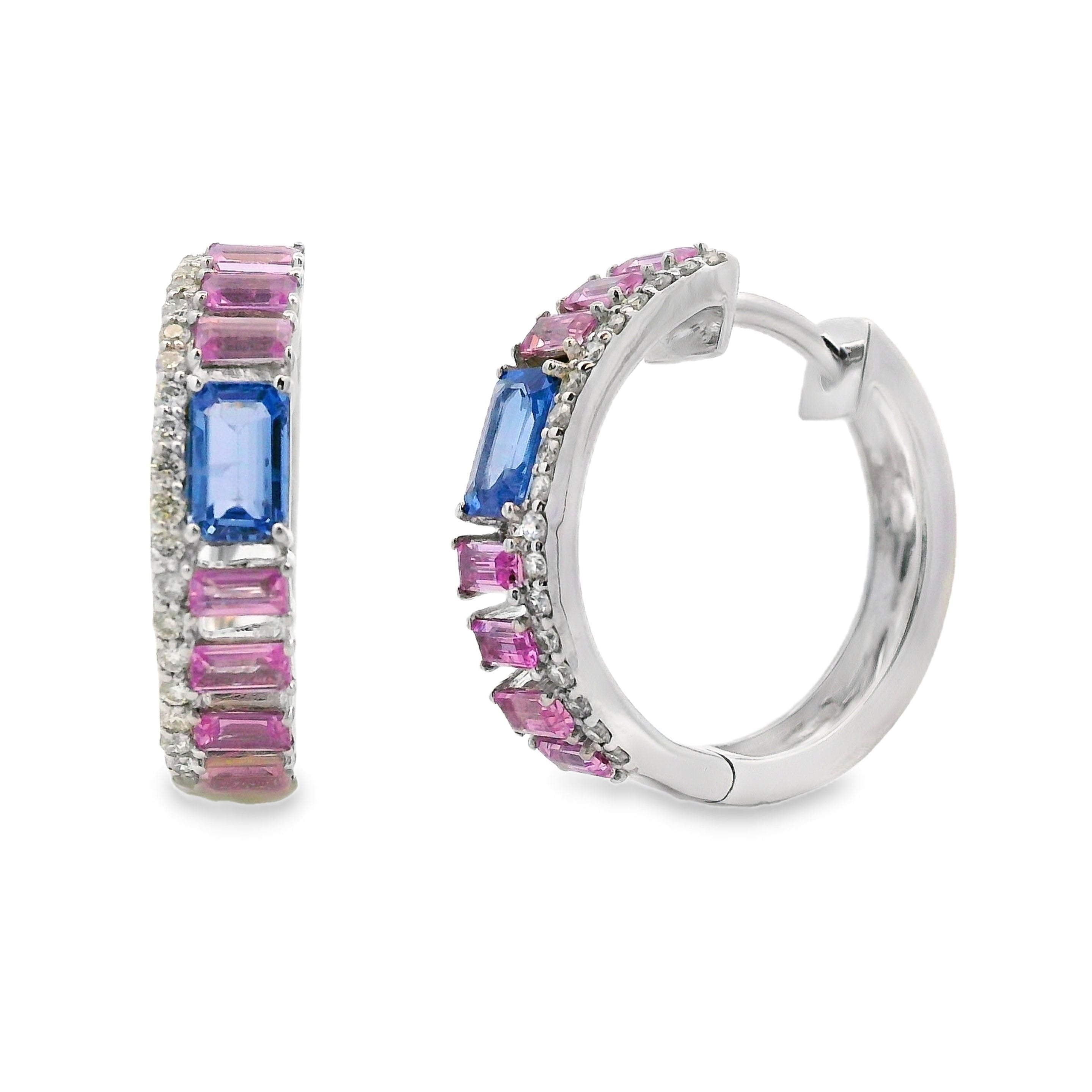 14KT White Gold Multi Sapphire and Diamond Hoop Earrings Bids.com