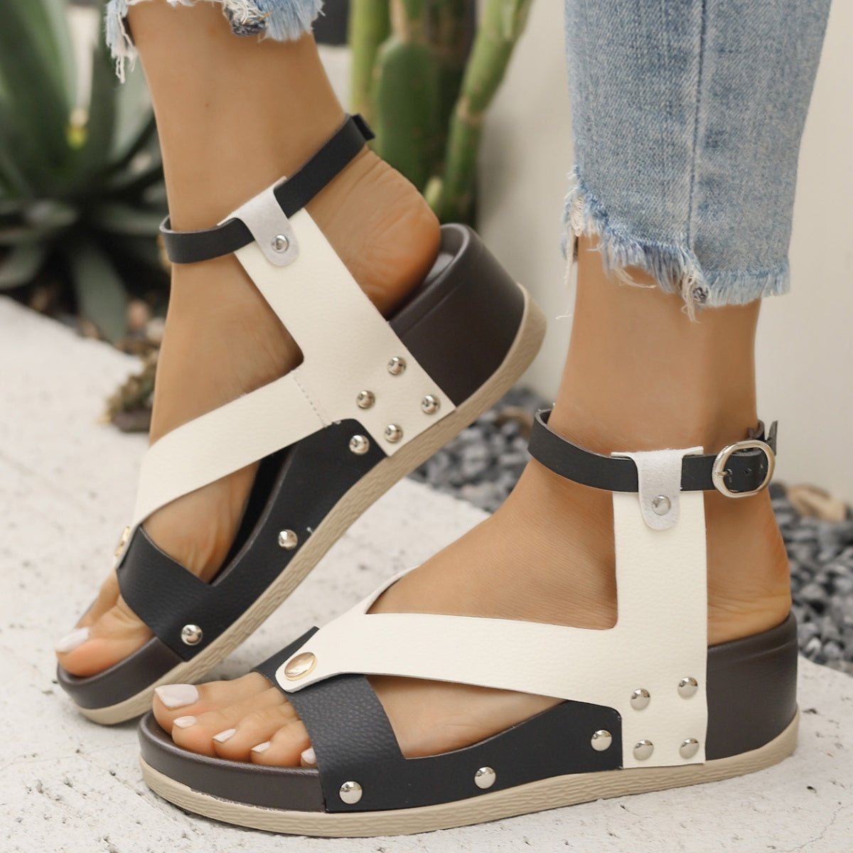 Women's leopard print ankle strap wedge sandals by Trendsi, featuring comfortable summer footwear with stylish animal print and wedge heel.