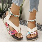 Women's leopard print ankle strap wedge sandals by Trendsi featuring comfortable summer footwear design.