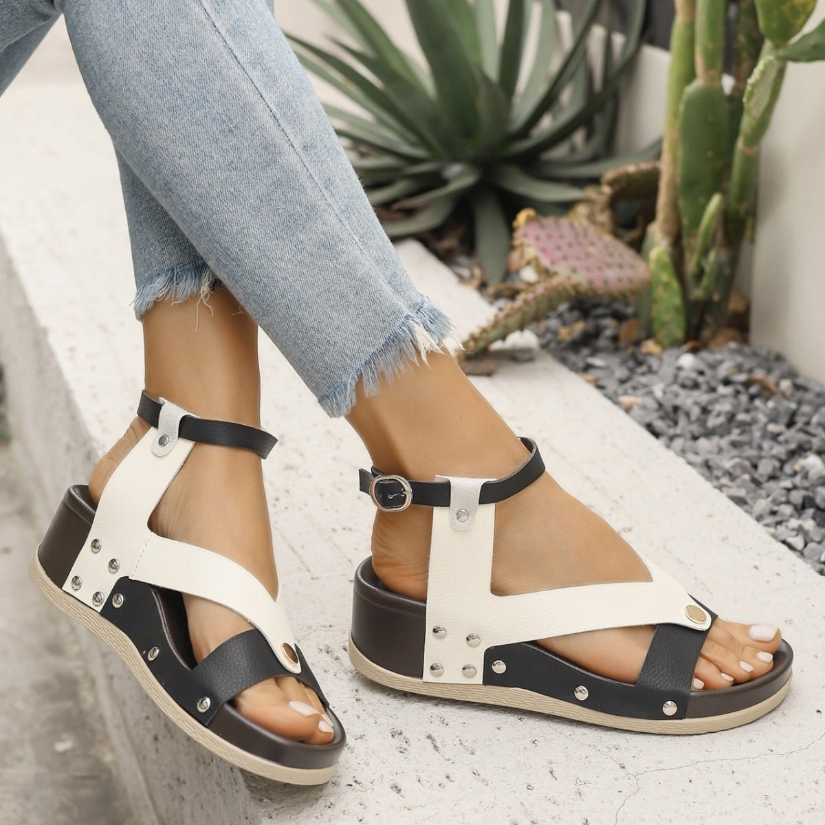 Women's leopard print ankle strap wedge sandals from Trendsi, featuring comfortable summer footwear with a stylish animal print design.