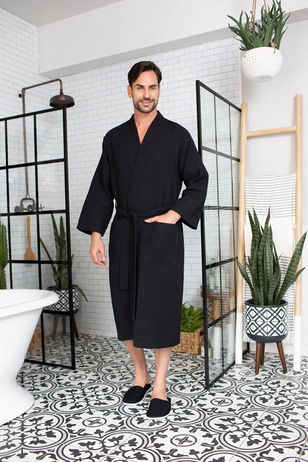 Waffle Spa Bathrobe for Men -  Absorbent, Lightweight - Plush Fashion Hub