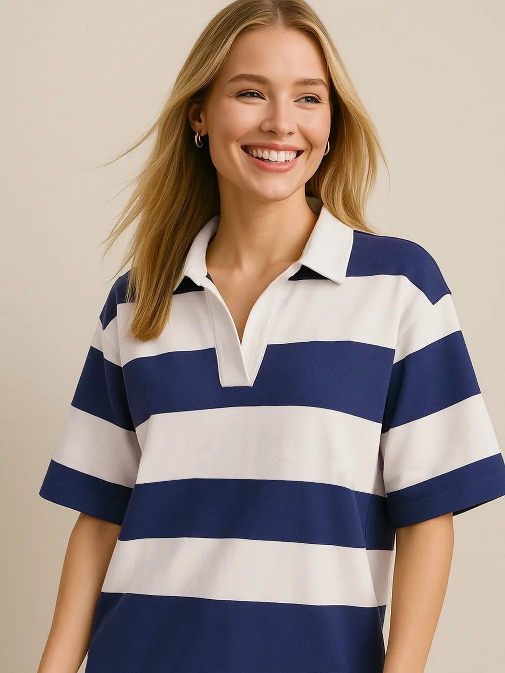 Women's Pima cotton color block Johnny collar half sleeve top, trendy women's apparel in soft, breathable fabric with stylish design.