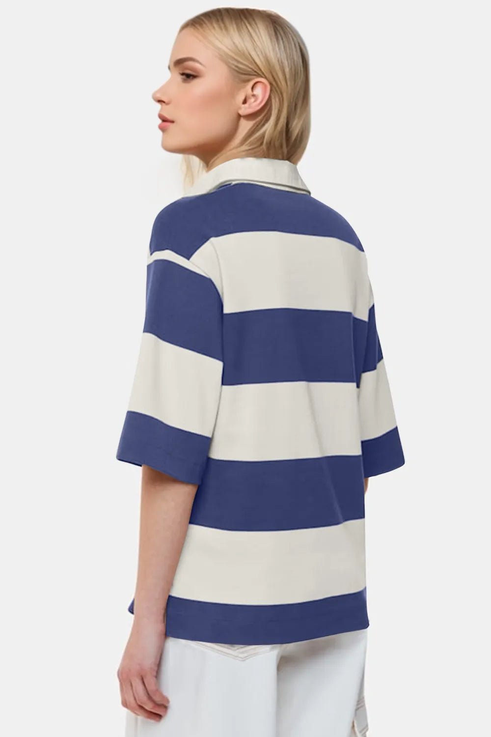 Women's Pima cotton color block Johnny collar half-sleeve top by Trendsi, featuring a stylish color block design and classic collar.