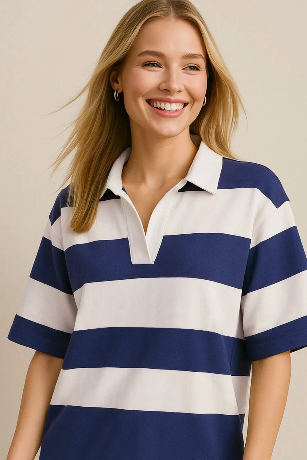Oh Pima Cotton Wash Color Block Johnny Collar Half Sleeve Top - Plush Fashion Hub