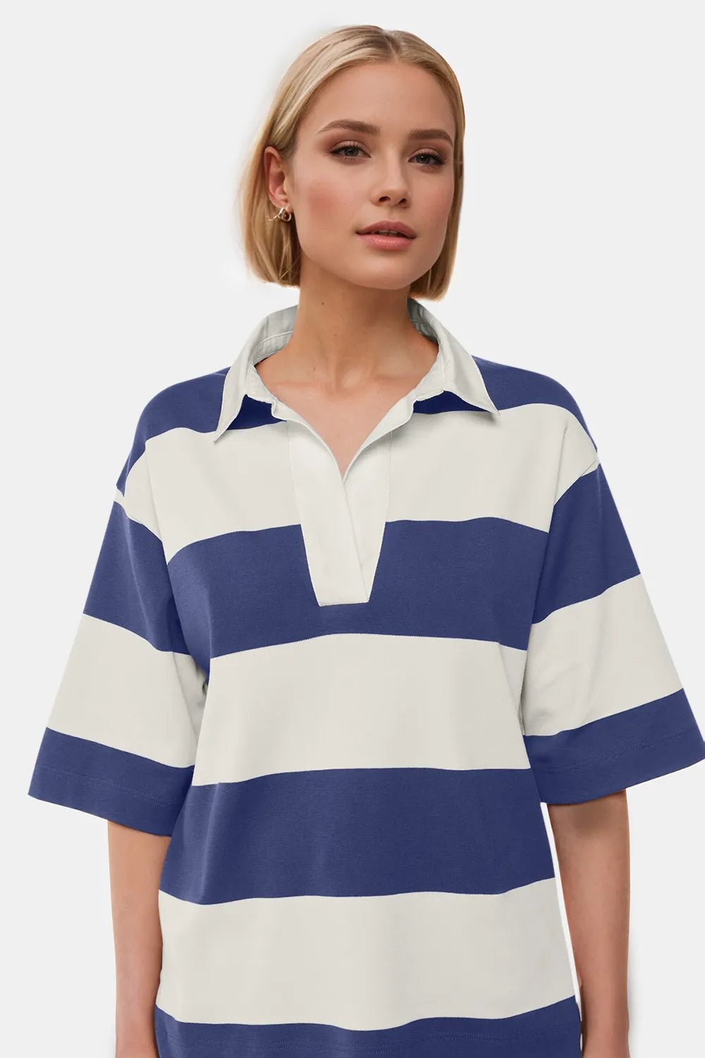 Oh Pima Cotton Wash Color Block Johnny Collar Half Sleeve Top - Plush Fashion Hub