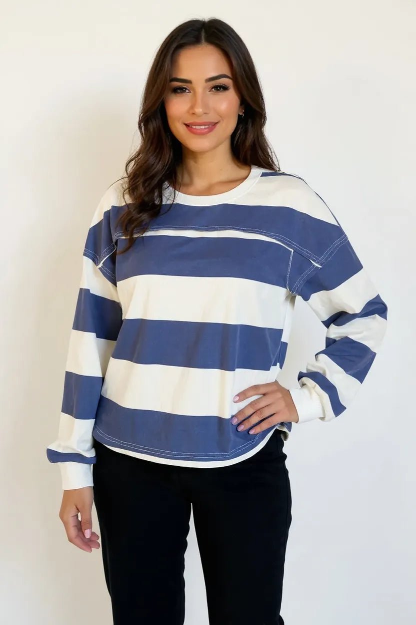 Oh Pima Cotton Wash Exposed Seam Contrast Striped Round Neck Long Sleeve T-Shirt - Plush Fashion Hub