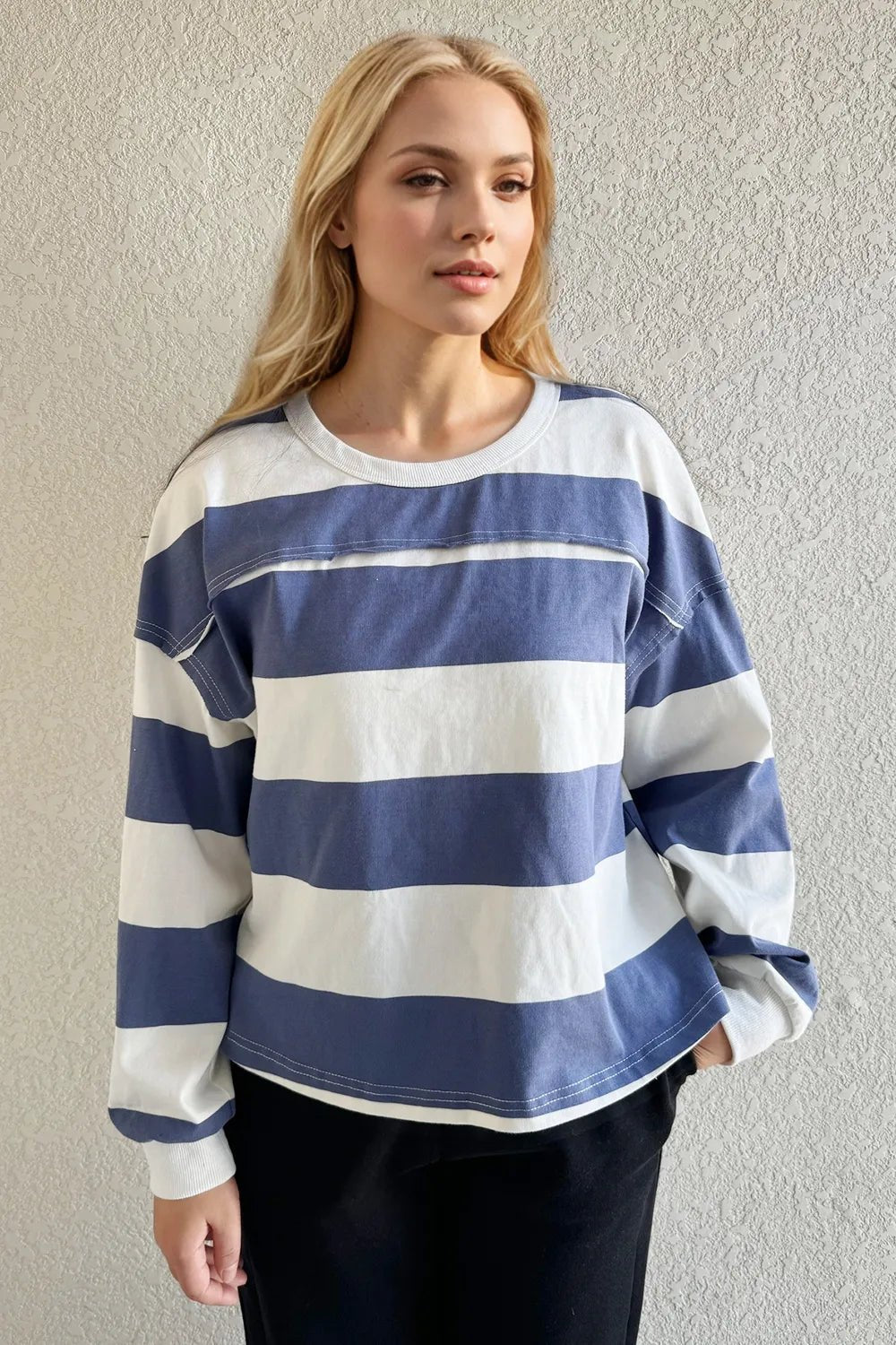 Oh Pima Cotton Wash Exposed Seam Contrast Striped Round Neck Long Sleeve T-Shirt - Plush Fashion Hub