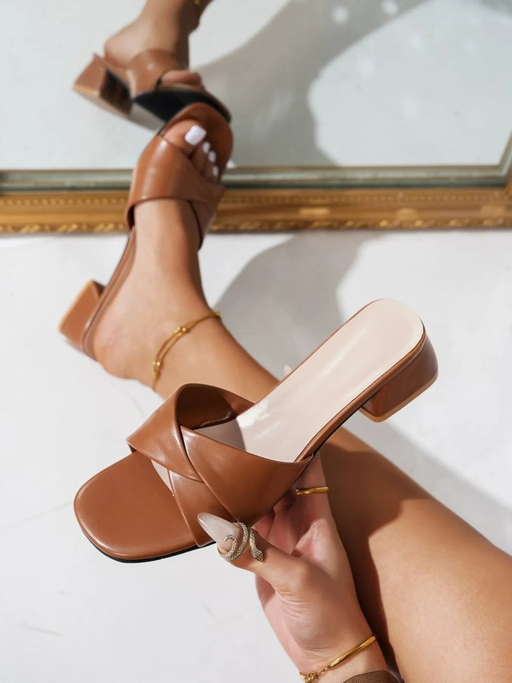Women's open-toe block heel sandals made of stylish faux leather with a comfortable fit, featuring a trendy design from Trendsi.