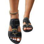 Women's brown faux leather open toe flat sandals with buckle detail, comfortable and stylish footwear by Trendsi.
