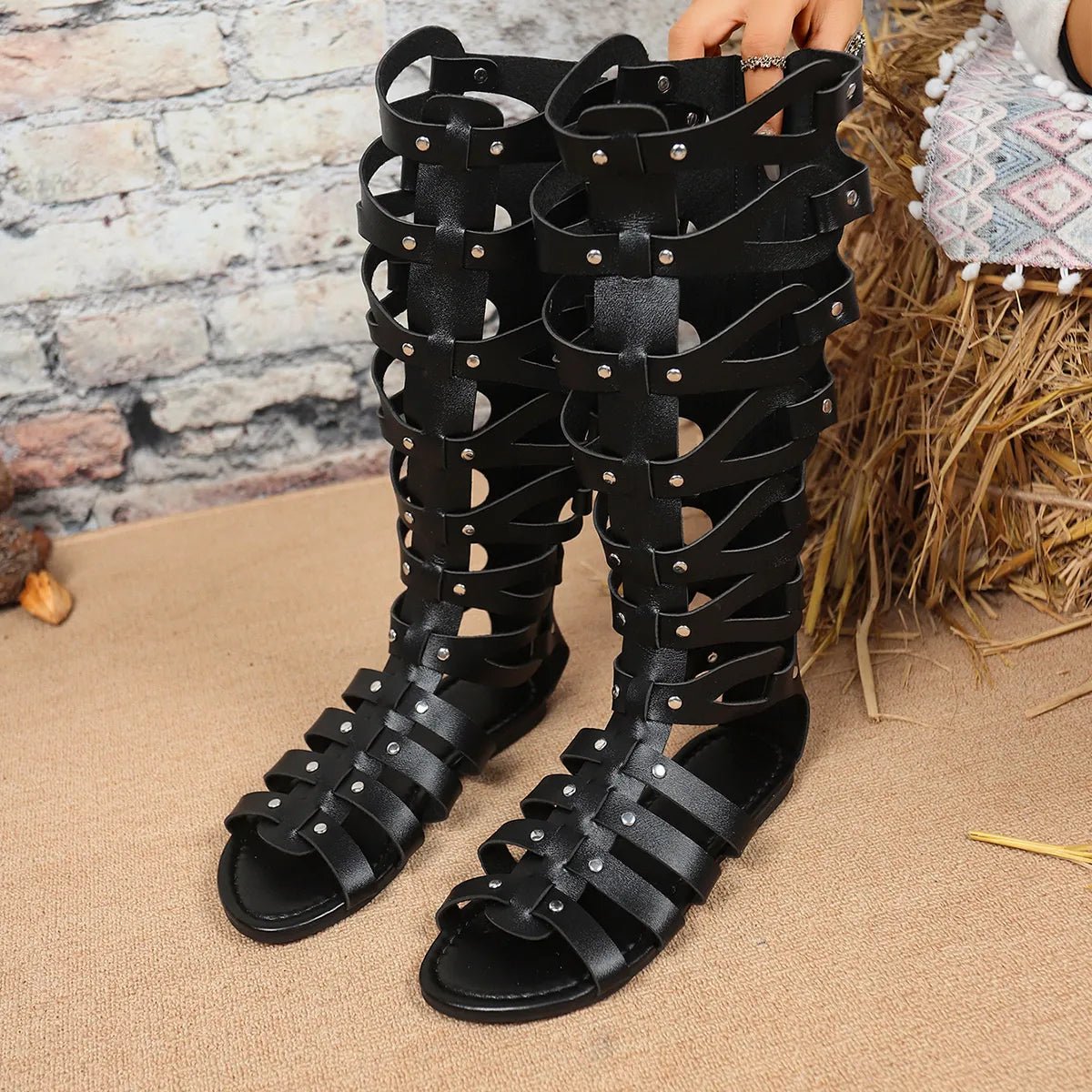 Women's open toe lace-up flat sandals made of vegan leather, featuring comfortable summer footwear by Trendsi.