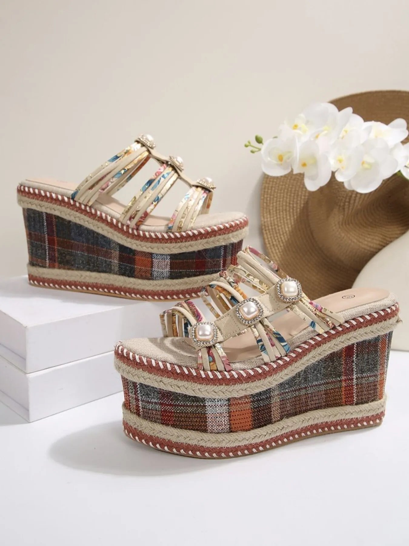 Plaid Platform Wedge Sandals - Plush Fashion Hub