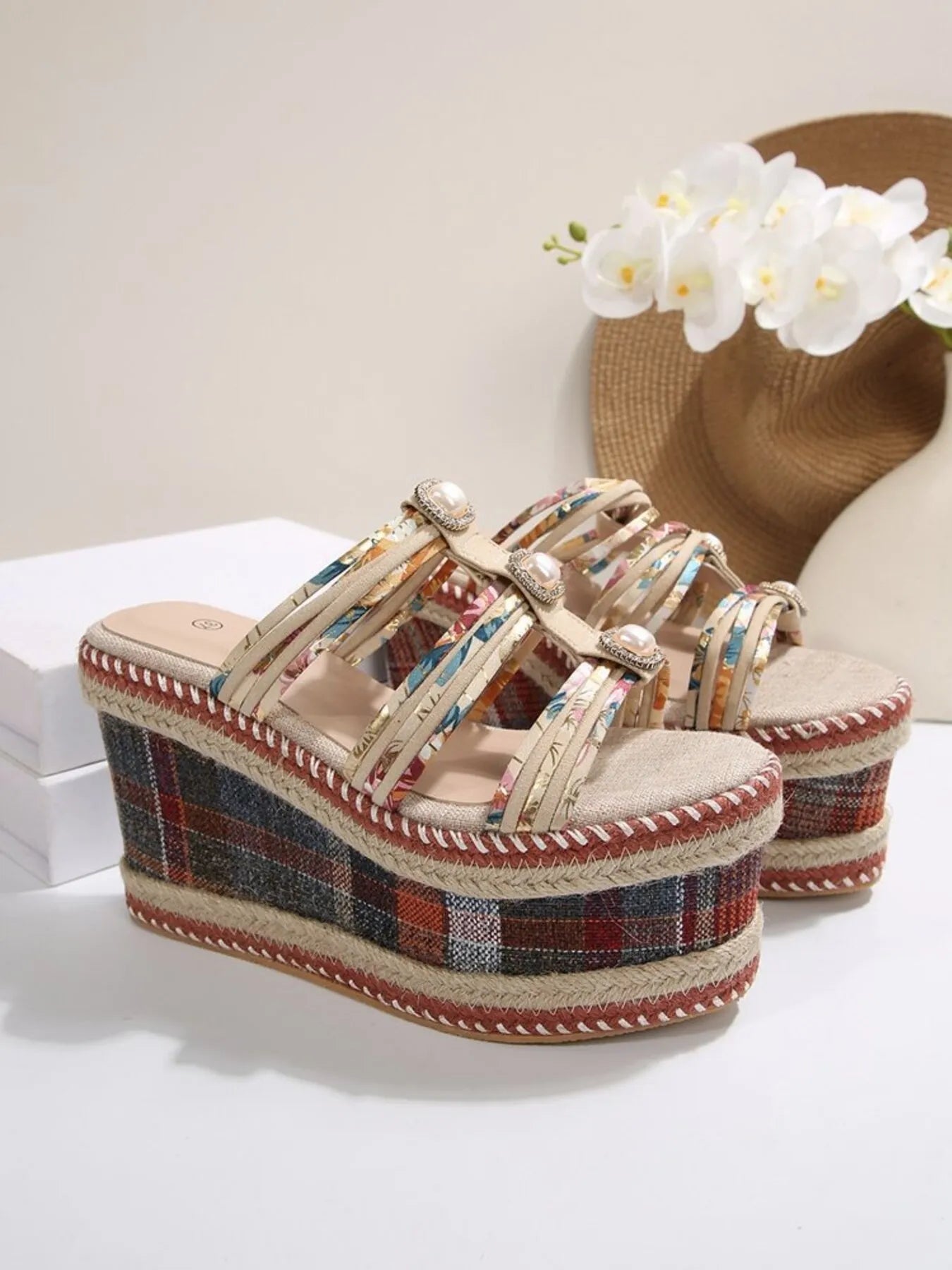 Plaid Platform Wedge Sandals - Plush Fashion Hub