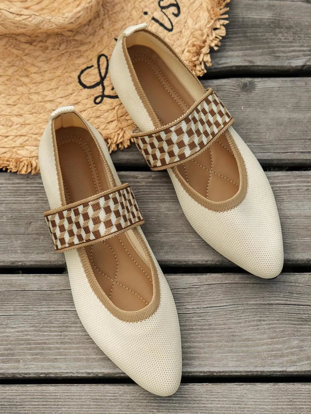 Women's pointed toe mesh flats with gingham pattern and ankle strap, stylish trendy shoes by Trendsi.