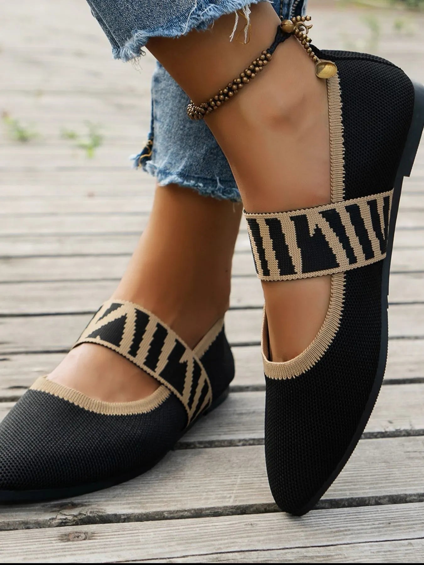 Women's pointed toe mesh flats with gingham pattern and ankle strap, stylish Trendsi loafers perfect for casual or dressy occasions.