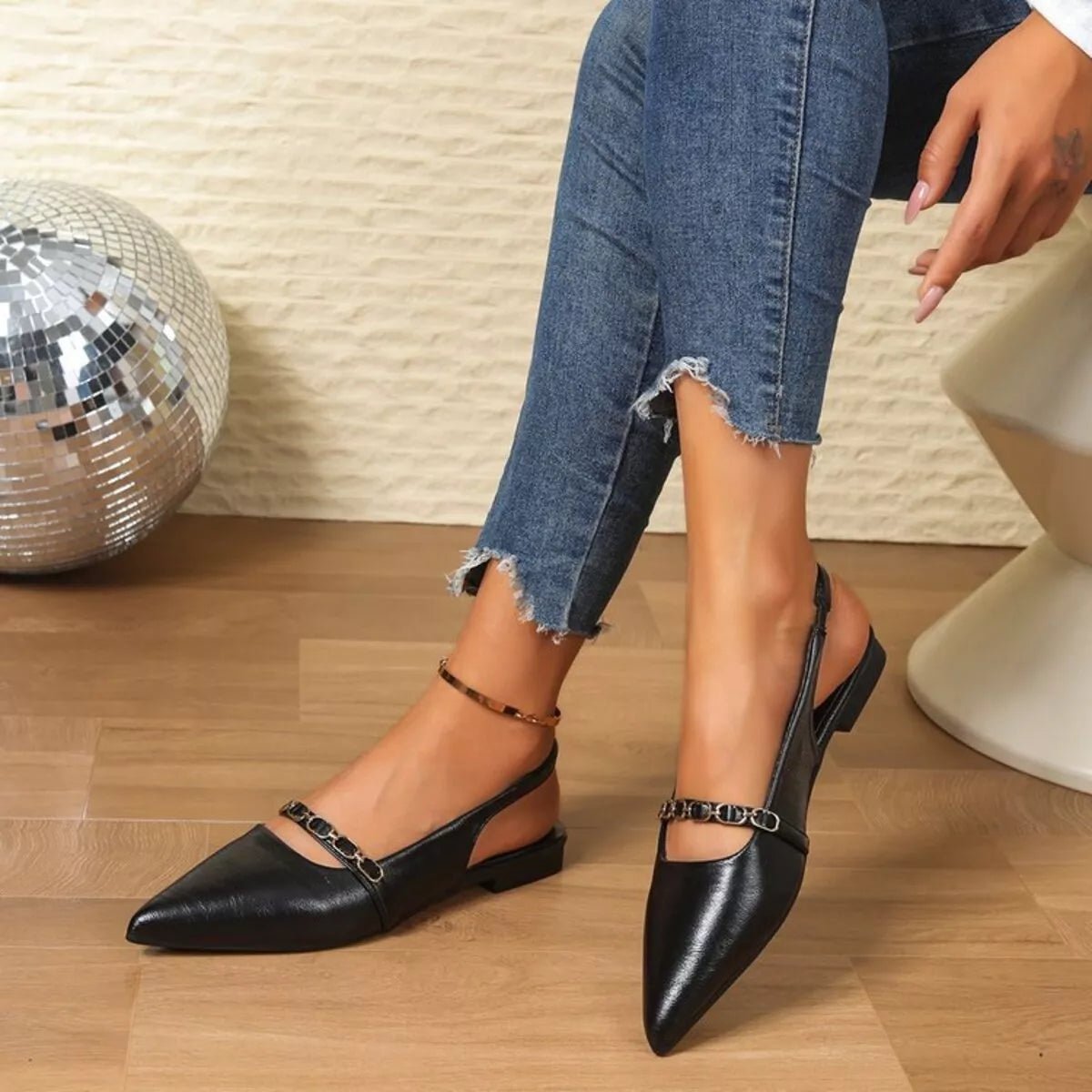 Women's pointed toe slingback sandals in faux leather, stylish and sophisticated shoe by Trendsi, perfect for elegant summer outfits.