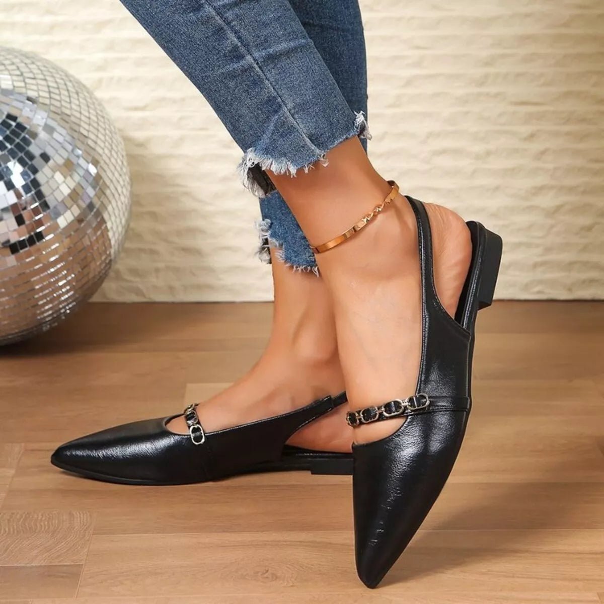 Women's pointed toe slingback sandals in faux leather, stylish and sophisticated, featuring a sleek design and comfortable fit.