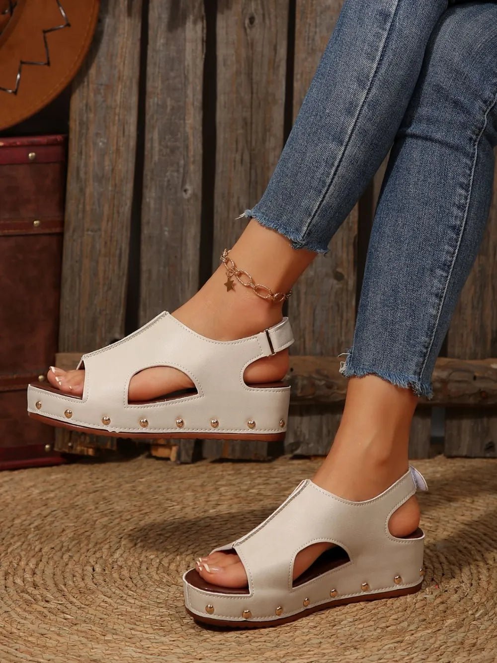 PU Leather Studded Wedge Sandals - Plush Fashion Hub