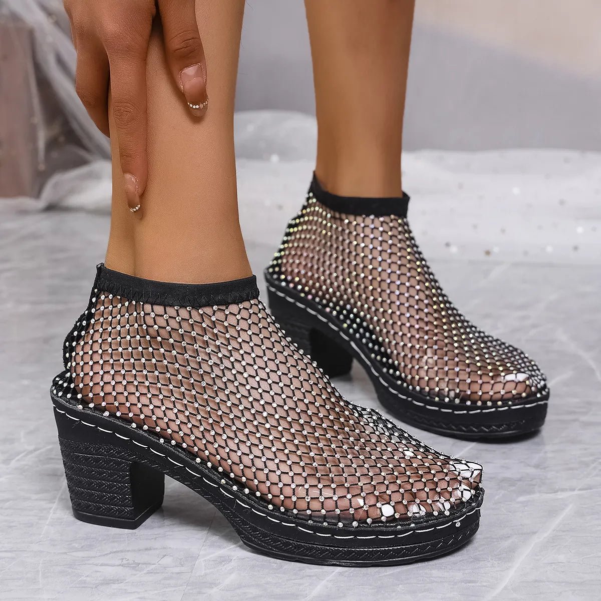 Rhinestone Block Heel Sandals - Plush Fashion Hub