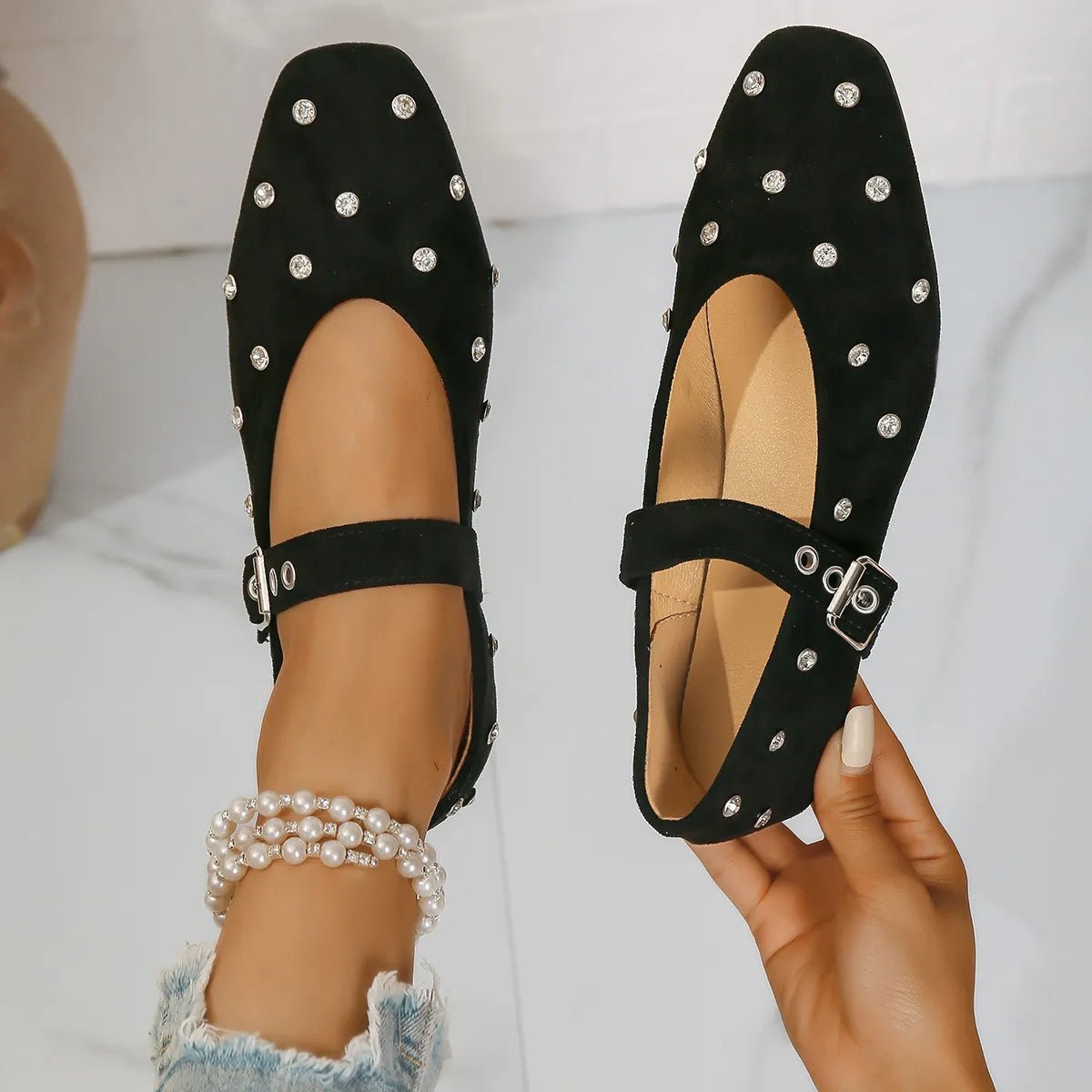 Rhinestone Buckle Flat Mary Jane Loafers - Plush Fashion Hub
