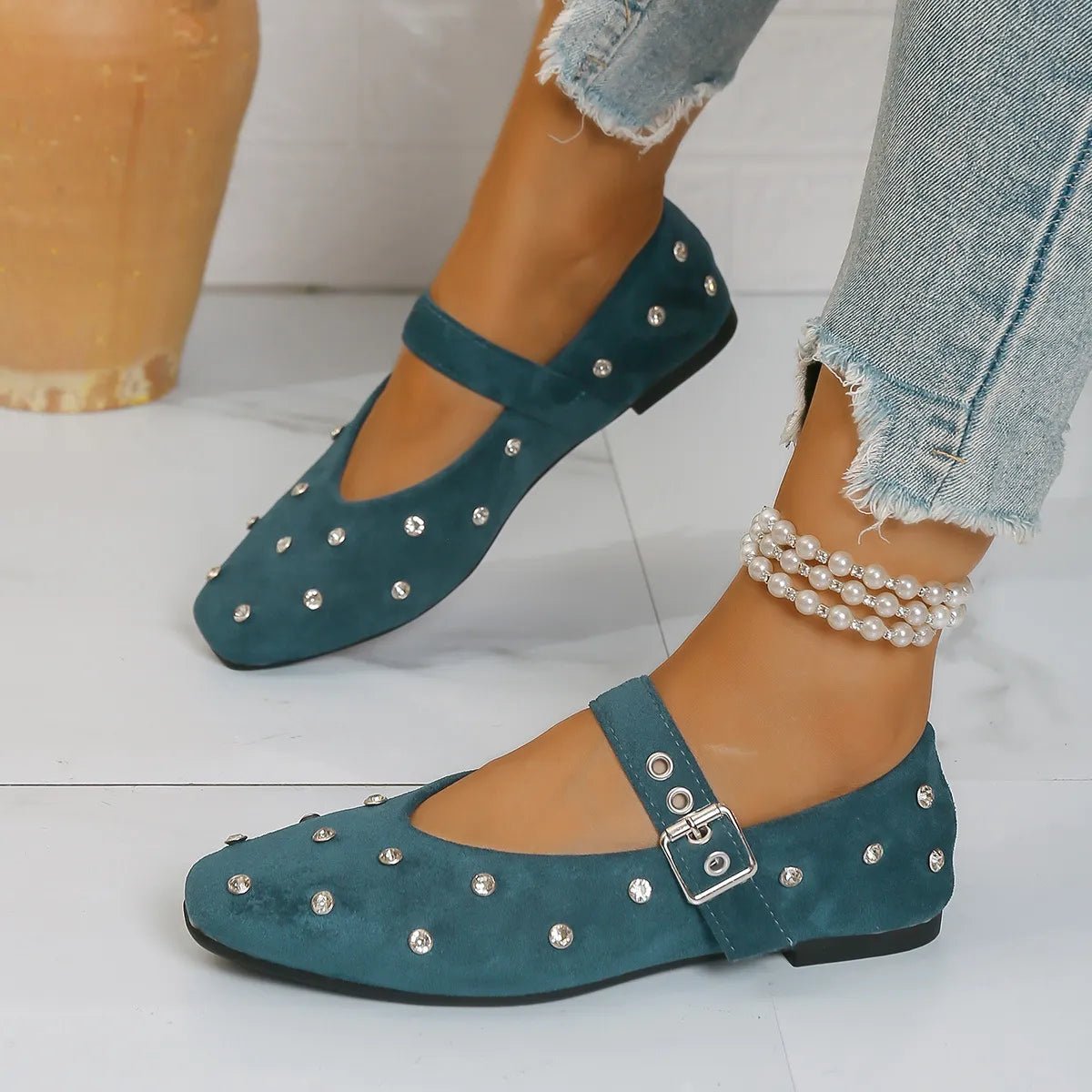 Rhinestone Buckle Flat Mary Jane Loafers - Plush Fashion Hub