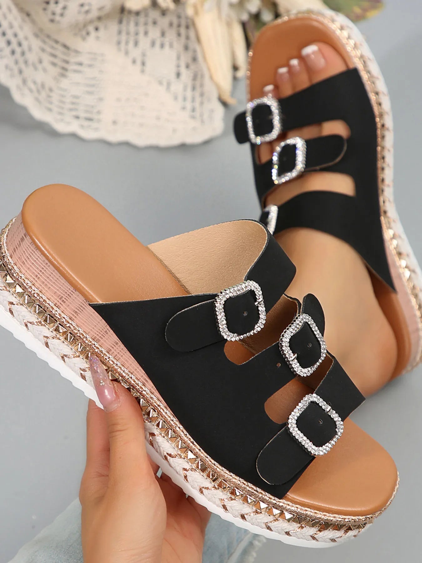 Rhinestone Buckle Platform Sandals - Plush Fashion Hub