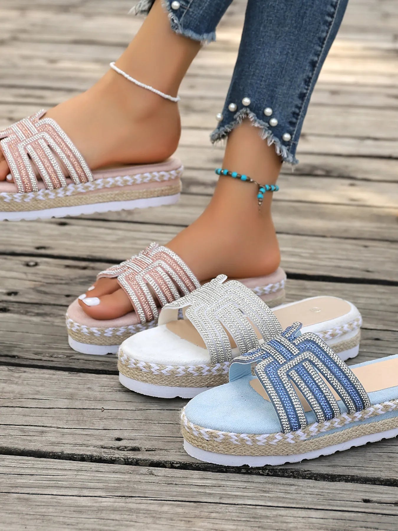 Rhinestone Embellished Platform Espadrille Sandals - Plush Fashion Hub
