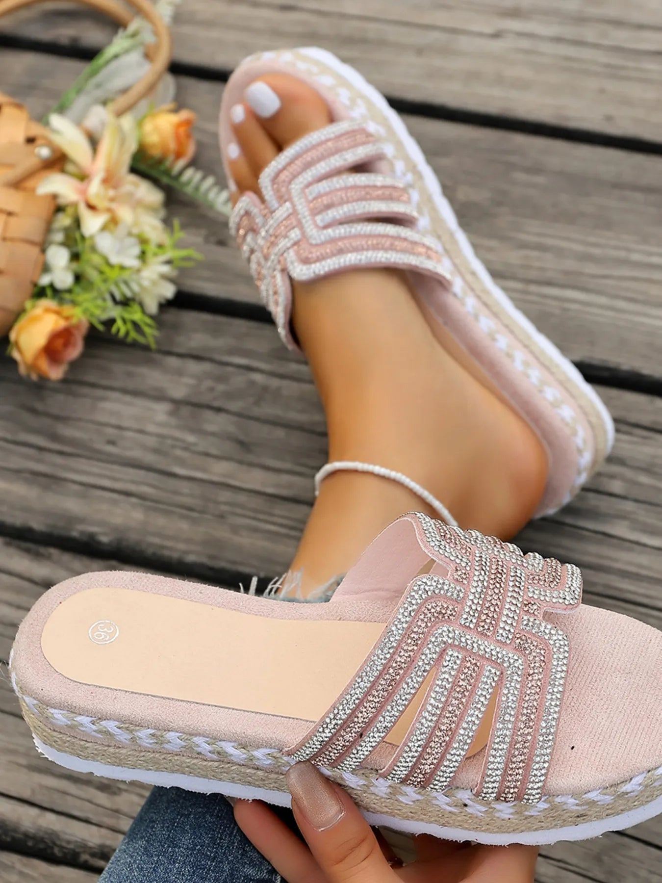Rhinestone Embellished Platform Espadrille Sandals - Plush Fashion Hub