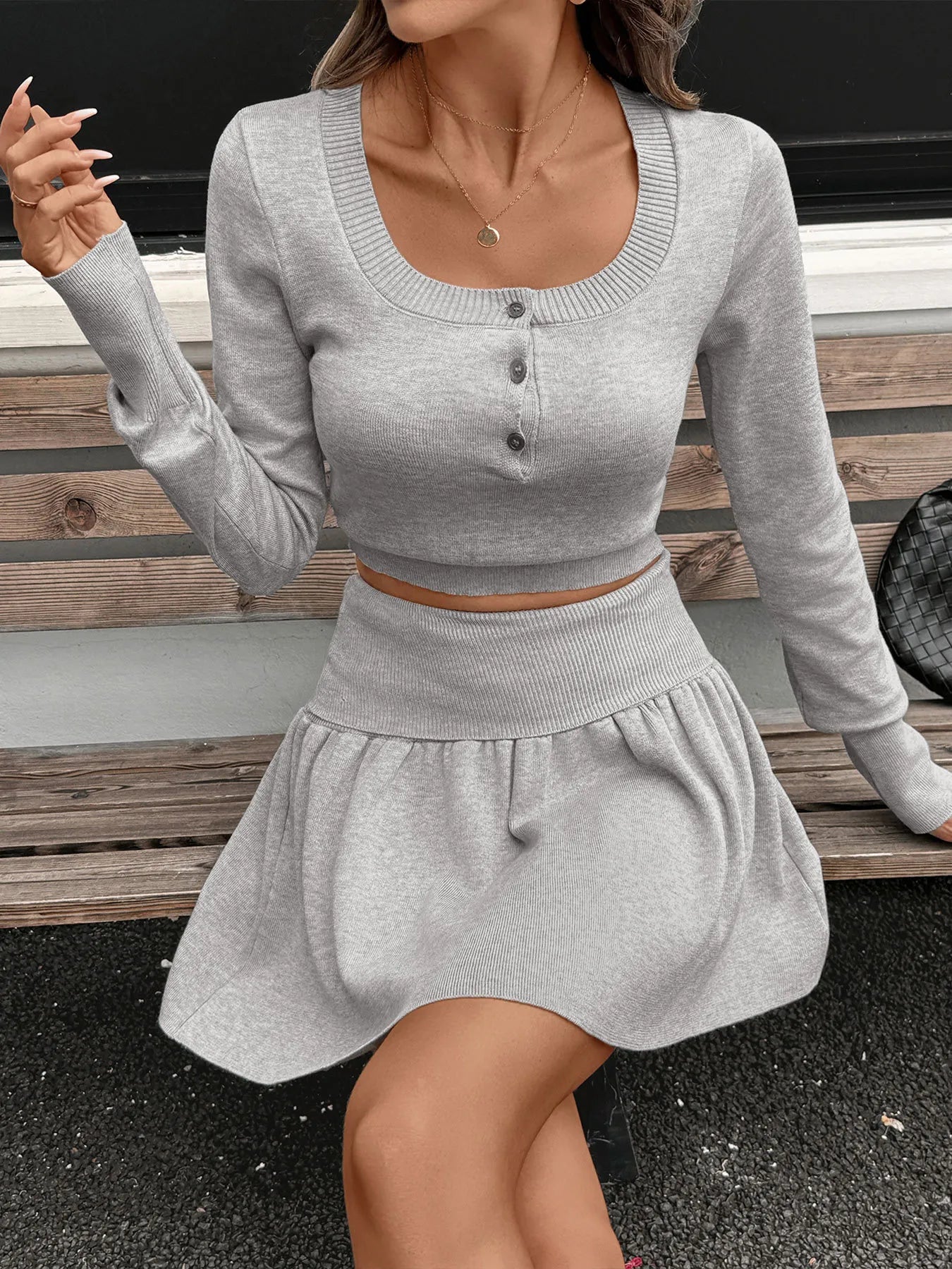 Ribbed Long Sleeve Top and Skirt Knit Set - Plush Fashion Hub