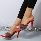 Women's sparkling sequin pointed toe mid-heel sandals by Trendsi, perfect for evening events, featuring elegant design and comfortable fit.