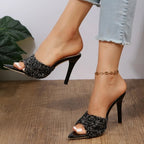 Women's sparkling sequin pointed toe mid-heel sandals for evening events, stylish Trendsi shoe with elegant design