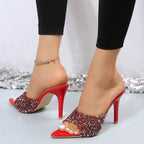 Women's sparkling sequin pointed toe mid-heel sandals for evening events, stylish shoes by Trendsi with elegant design.