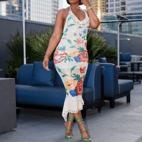 Sexy Backless Lace Printing Dress Sheath Sexy Maxi Dress Irregular Asymmetric Lotus Floral Swing - Plush Fashion Hub