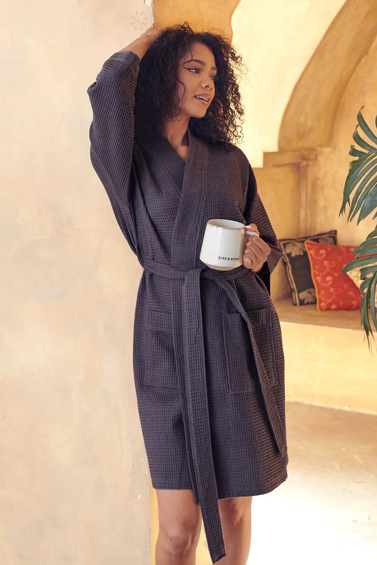 Knee-Length Waffle Robe for Women Lotus Linen