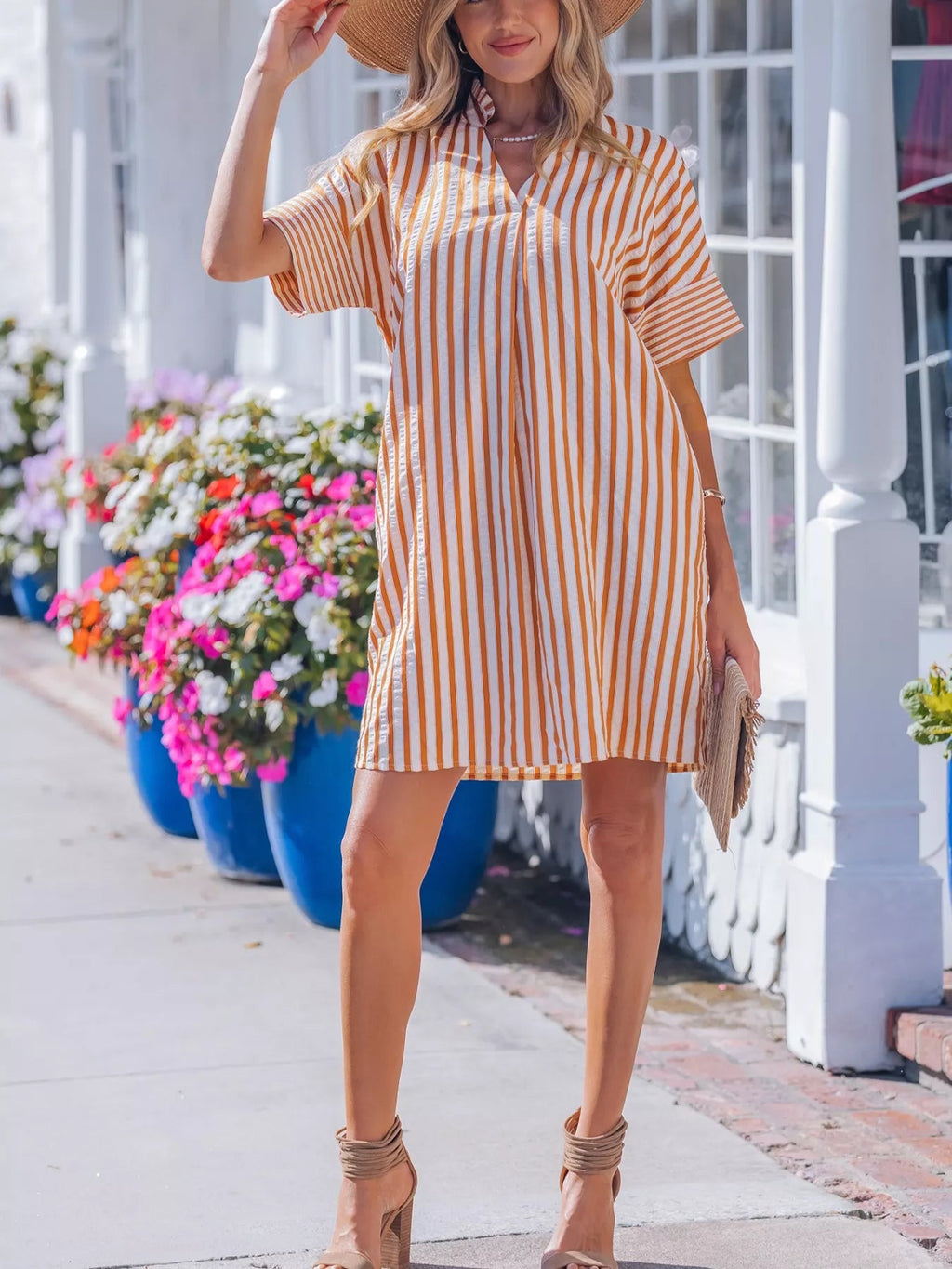 Stripe Pinched V - Neck Mini Dress with Turn - up Cuffs and Pockets - Plush Fashion Hub