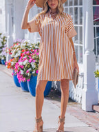 Stripe Pinched V - Neck Mini Dress with Turn - up Cuffs and Pockets - Plush Fashion Hub
