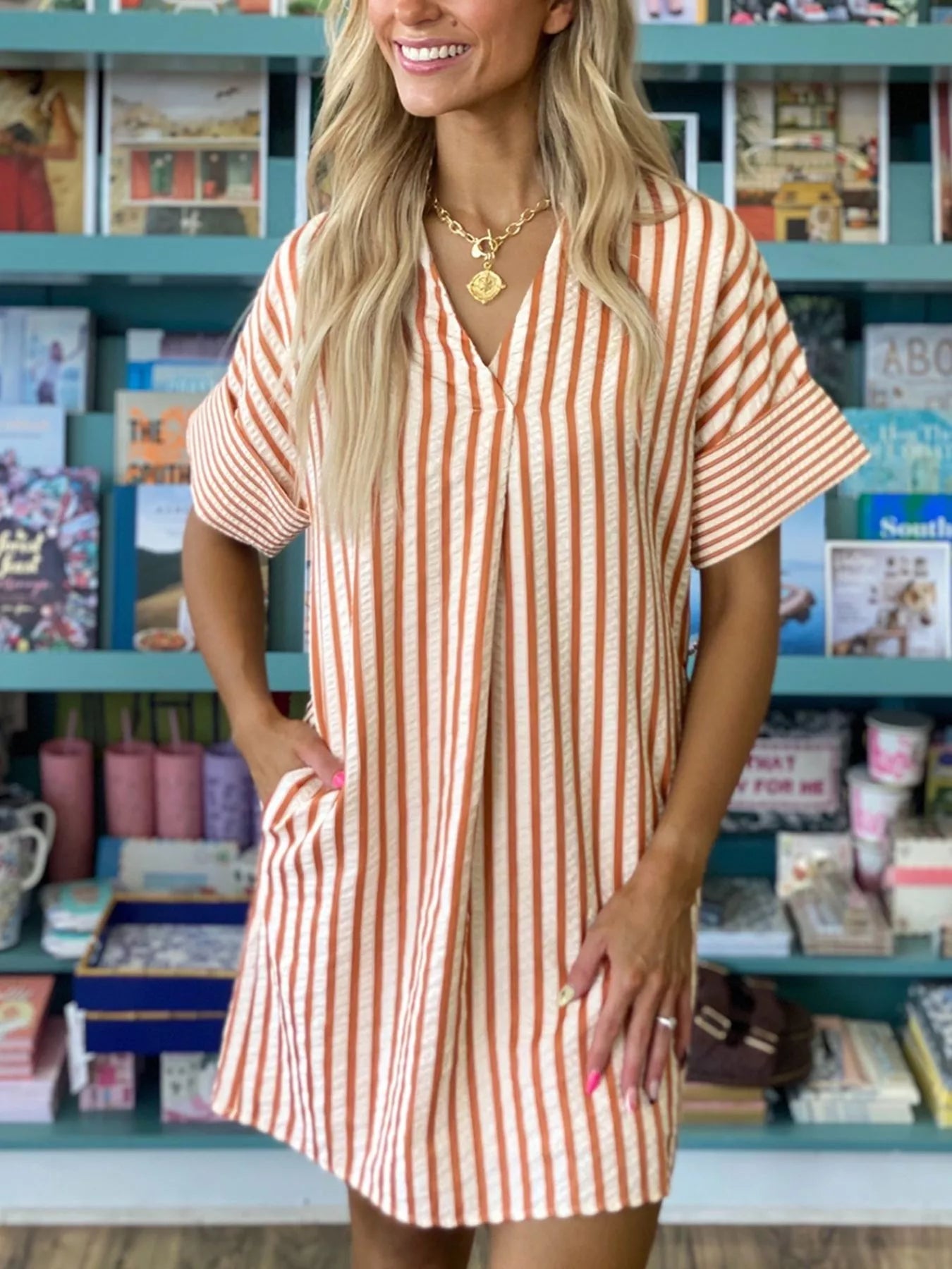 Stripe Pinched V - Neck Mini Dress with Turn - up Cuffs and Pockets - Plush Fashion Hub