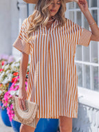Stripe Pinched V - Neck Mini Dress with Turn - up Cuffs and Pockets - Plush Fashion Hub