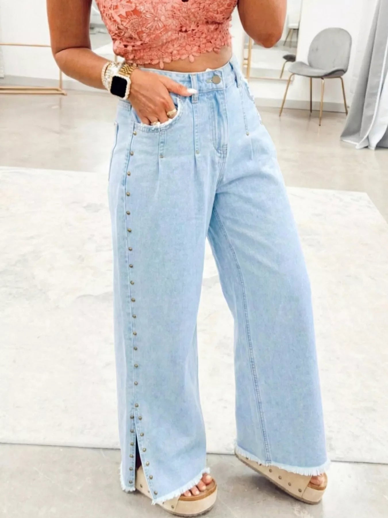 Studded Wide Leg Jeans with Frayed Hem and Side Slits - Plush Fashion Hub