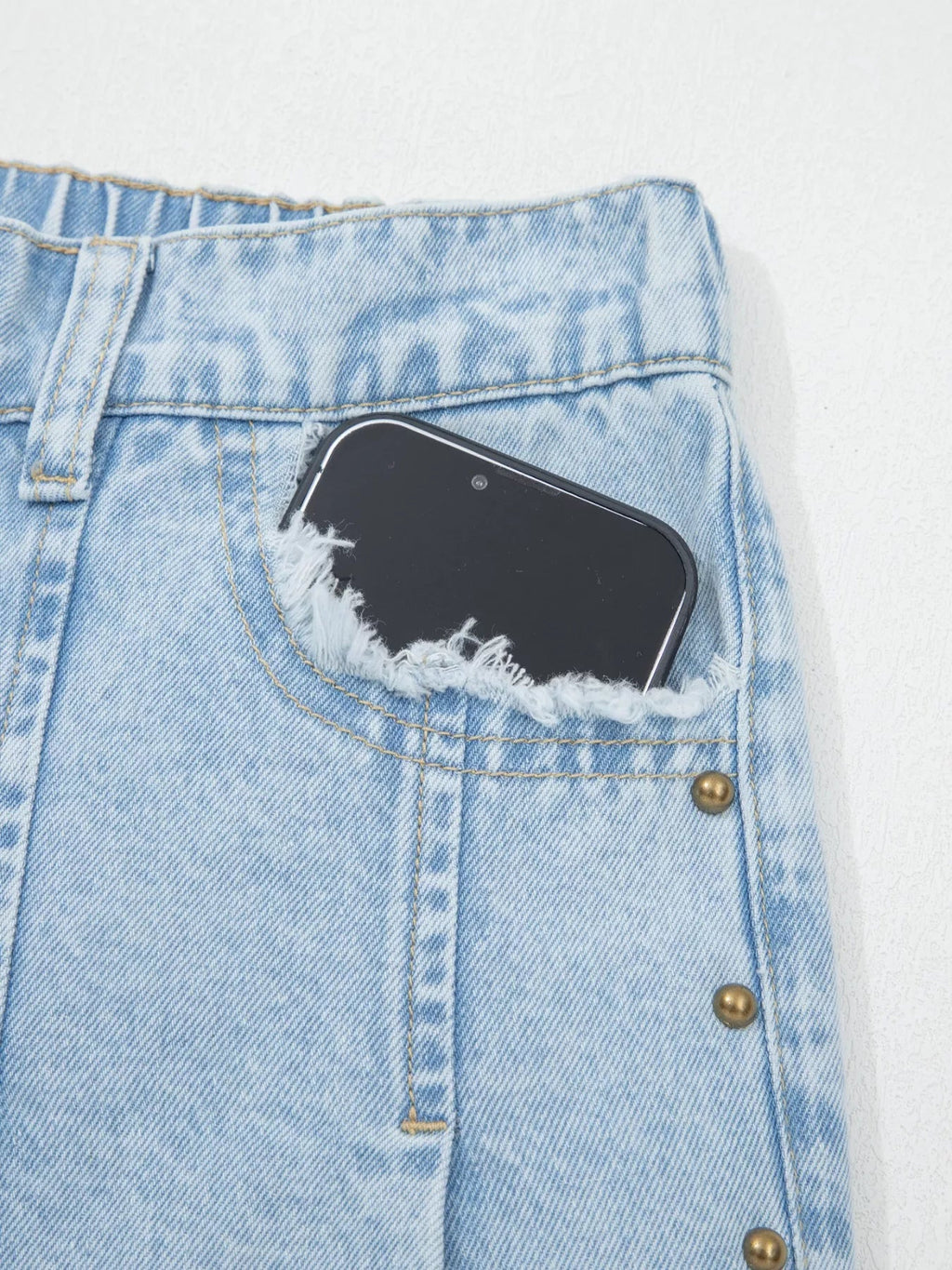 Studded Wide Leg Jeans with Frayed Hem and Side Slits - Plush Fashion Hub