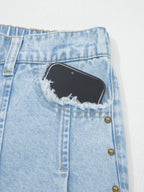 Studded Wide Leg Jeans with Frayed Hem and Side Slits - Plush Fashion Hub