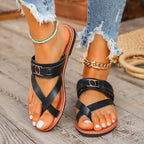Women's minimalist toe loop flat sandals by Trendsi, slip-on summer footwear with comfortable, simple design and open toe style.