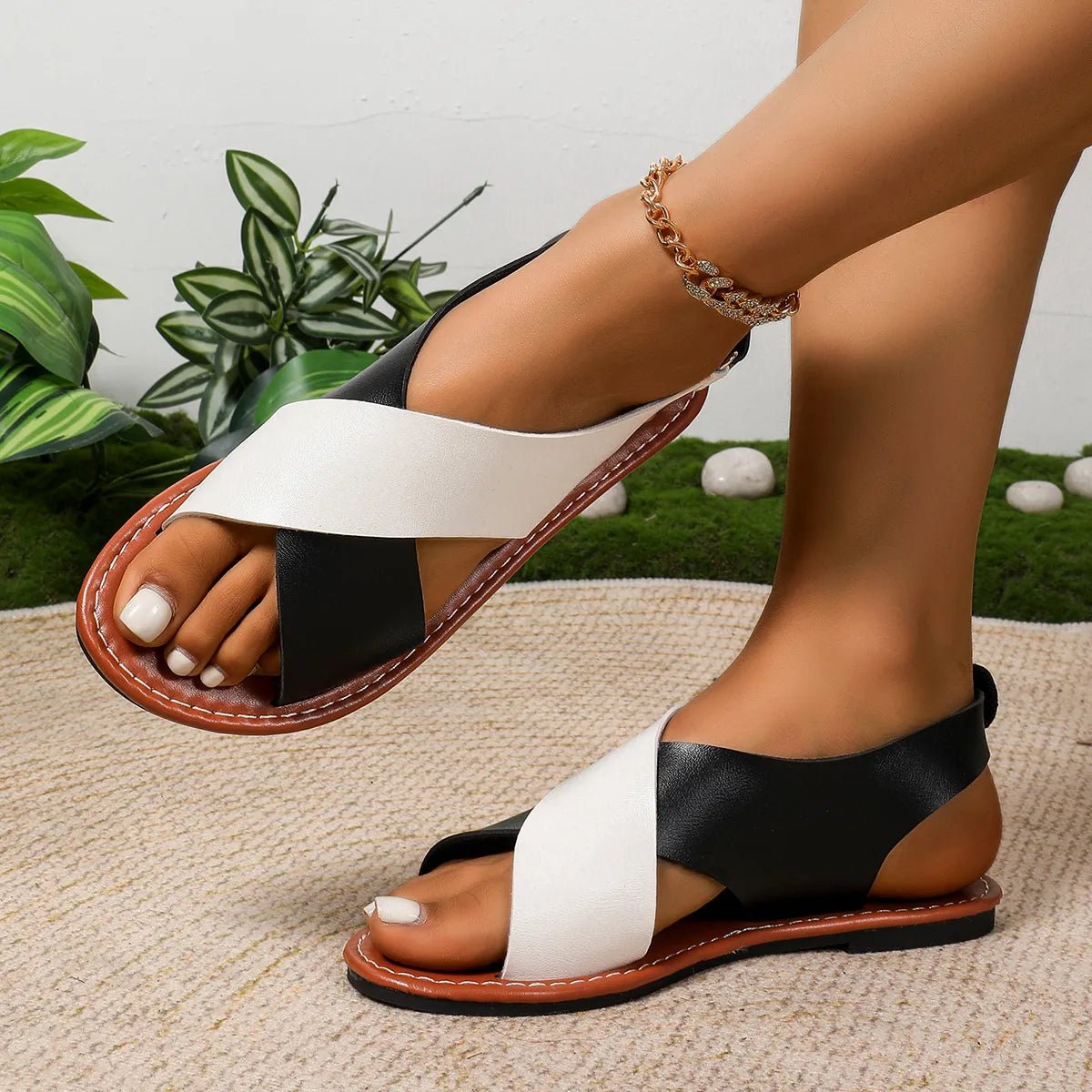 Two - Tone Crisscross Strap Sandals - Plush Fashion Hub
