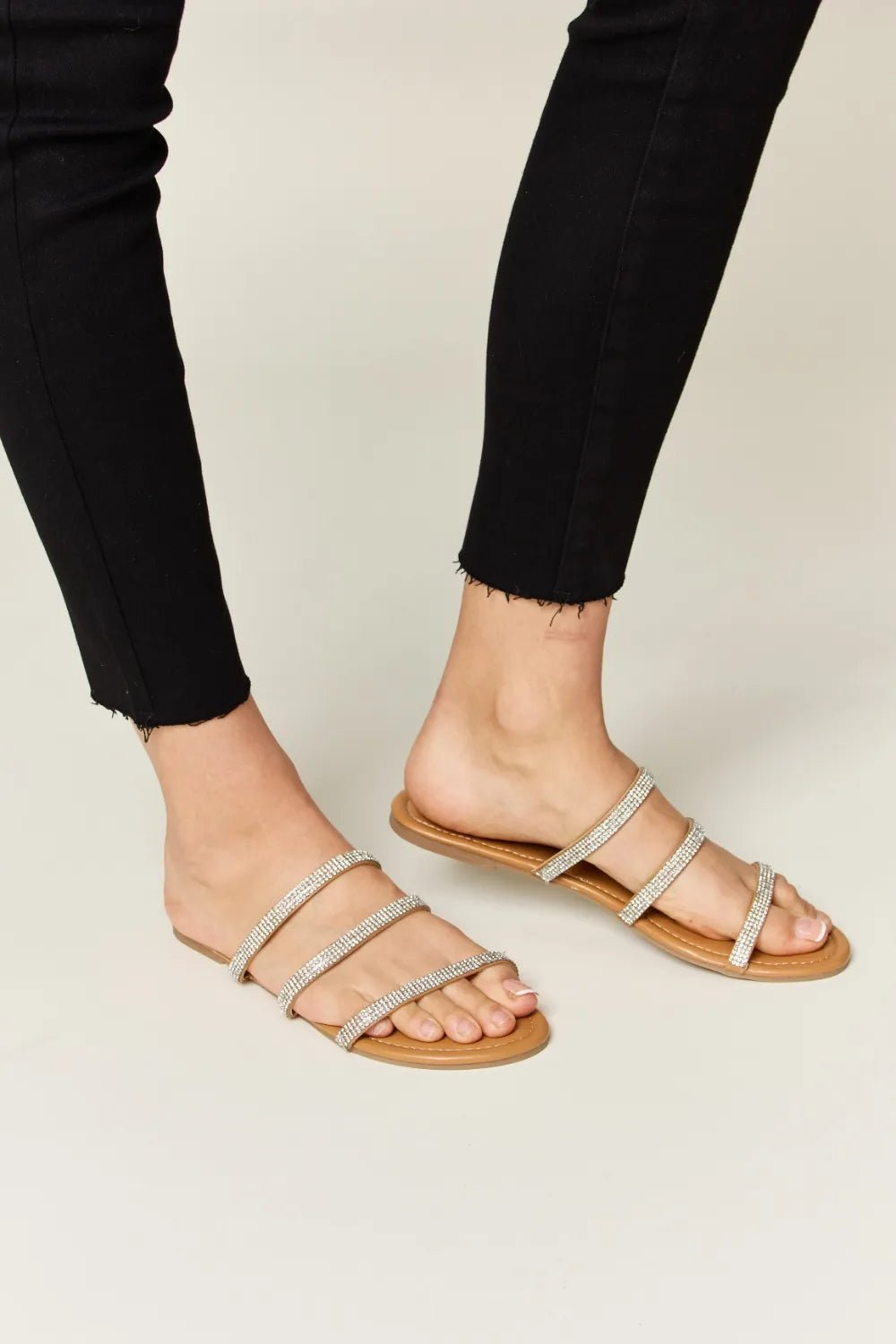 Women's rhinestone three-strap flat sandals with sparkly embellishments, comfortable summer shoes, stylish and perfect for warm weather.