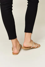 Women's rhinestone three-strap flat sandals by Trendsi, sparkly and comfortable summer shoes with stylish design.